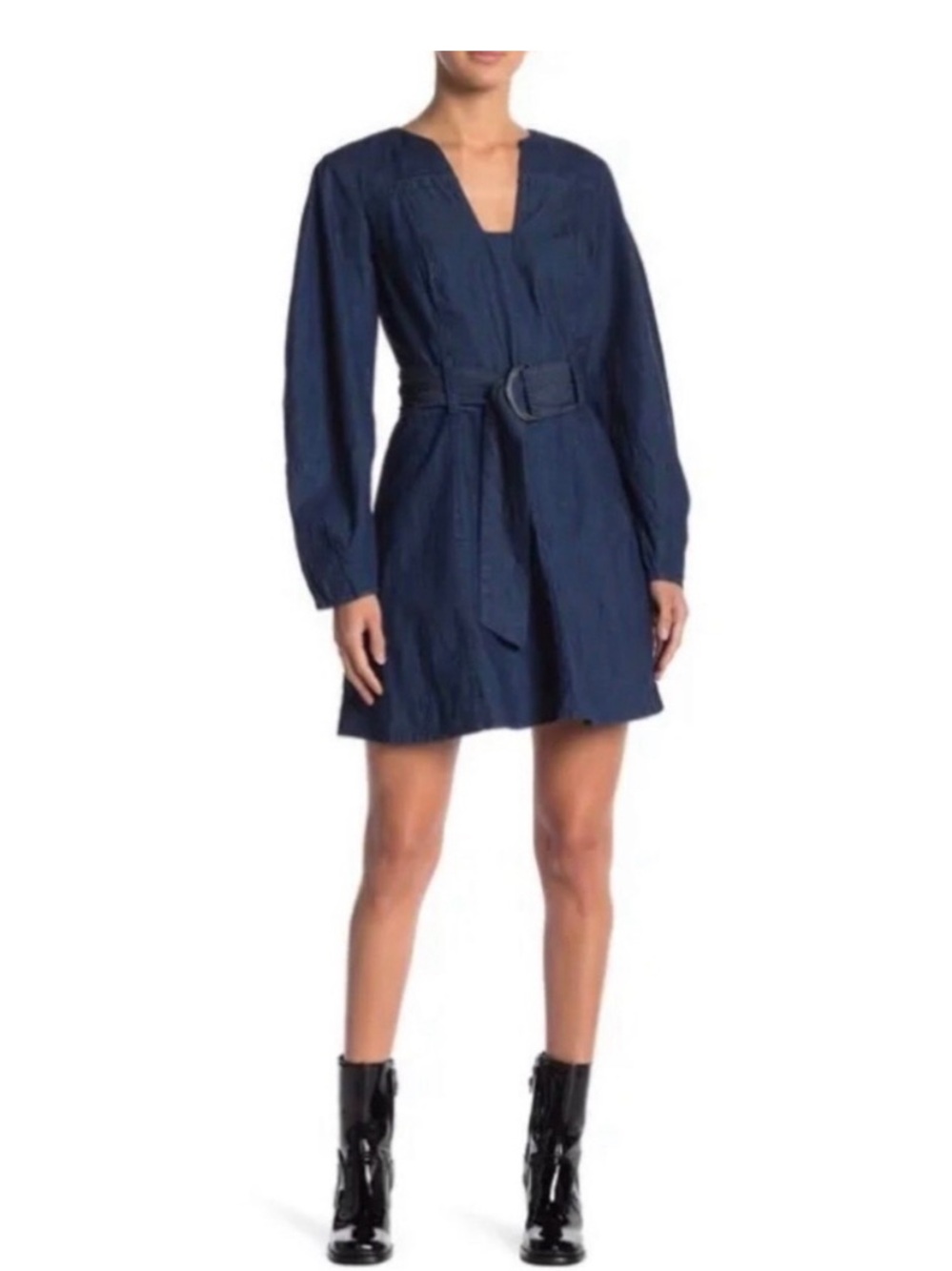 Free People Indigo Denim Long-Sleeve Dress with Ring Belt